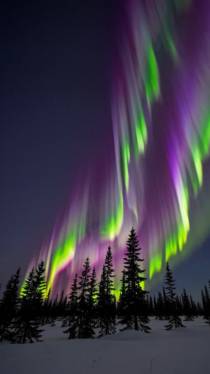 A mesmerizing video still of the Northern Lights in vibrant purple and green hues