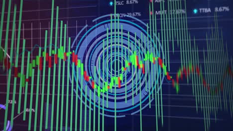 Animation-Der-Finanzdatenverarbeitung-über-Raster-Auf-Dunklem-Hintergrund