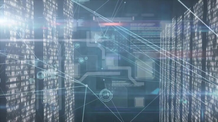 On scene load data network interface generating glowing nodes, linking lines to visualize data flow