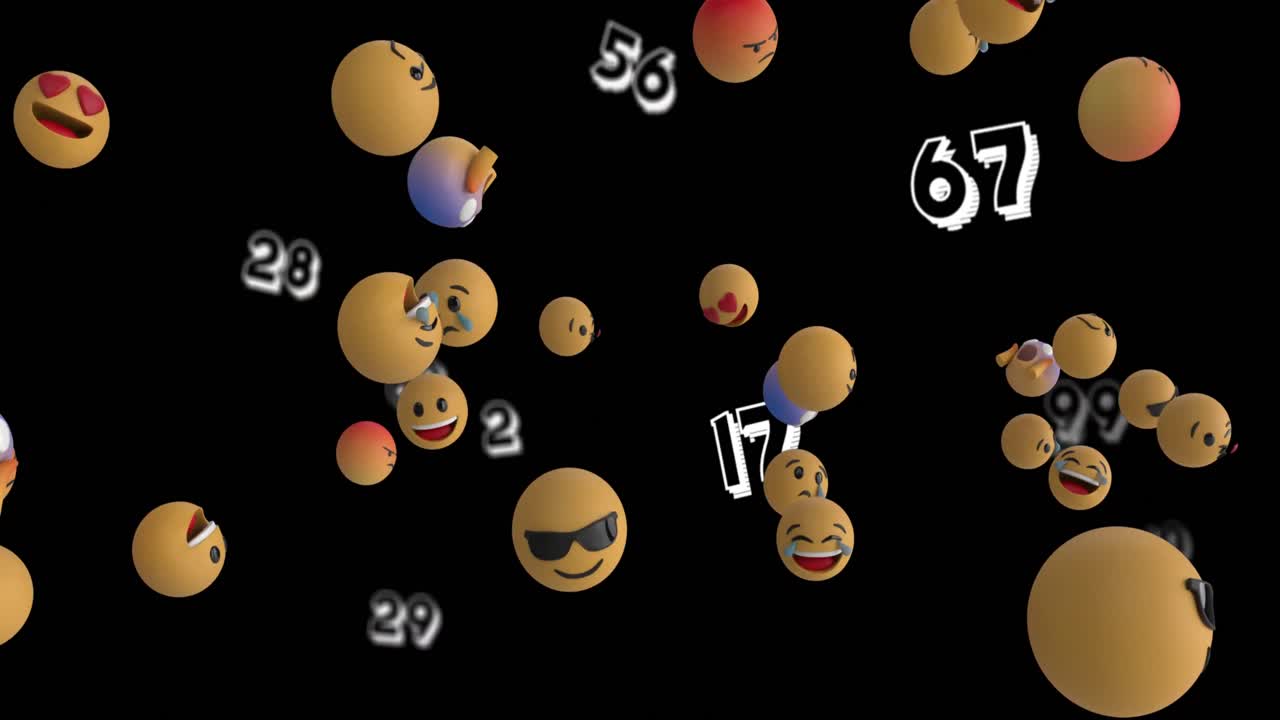 animación de iconos emoji flotando sobre números en fondo negro