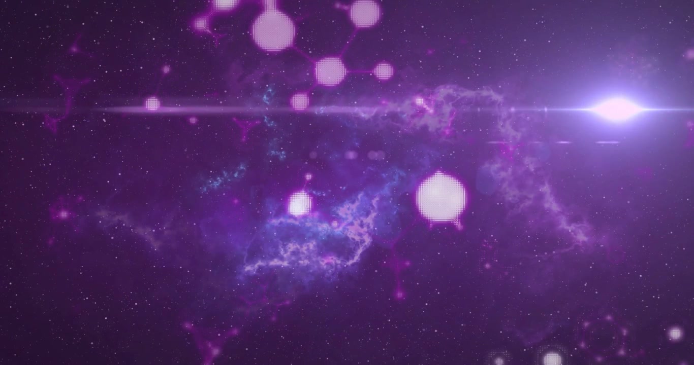 輝く星雲と揺らめくボケ玉、差し込むレンズフレアがシーンを明るくするテックデザイン