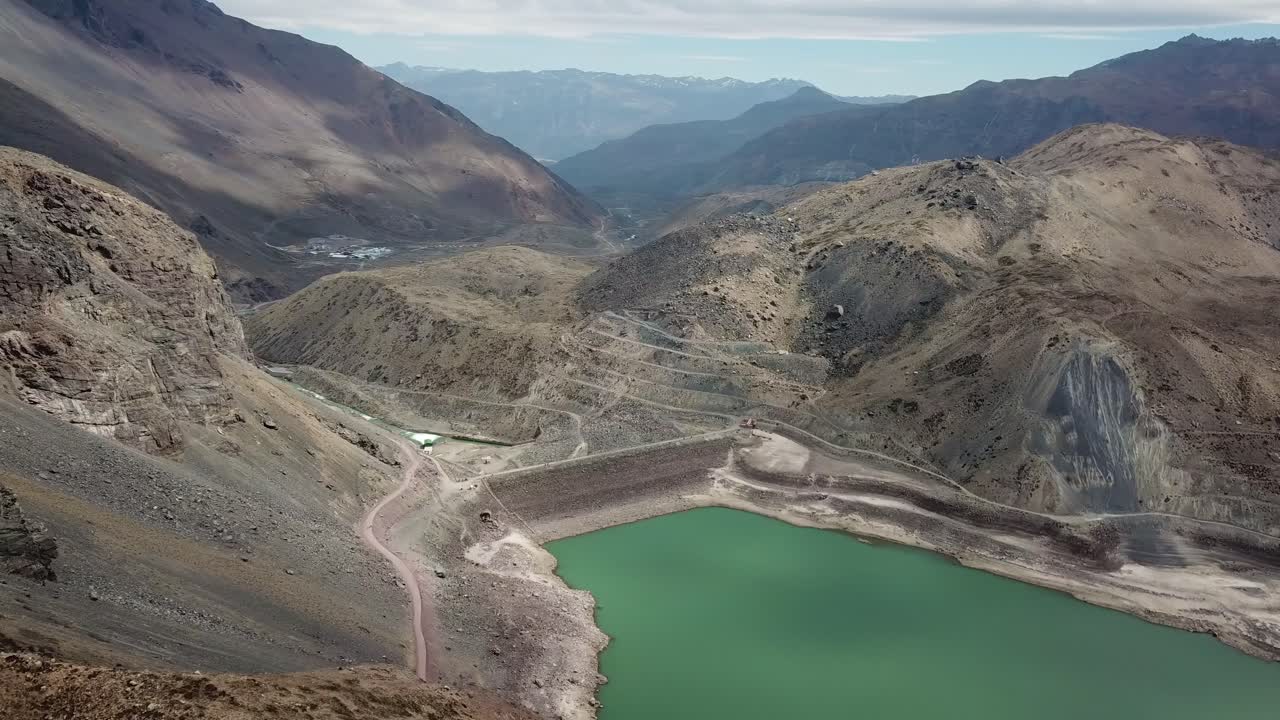 Yeso Dam, Chile. Aerial View of Turquoise Water Reservoir and Dry Landscape of Maipo Canyon