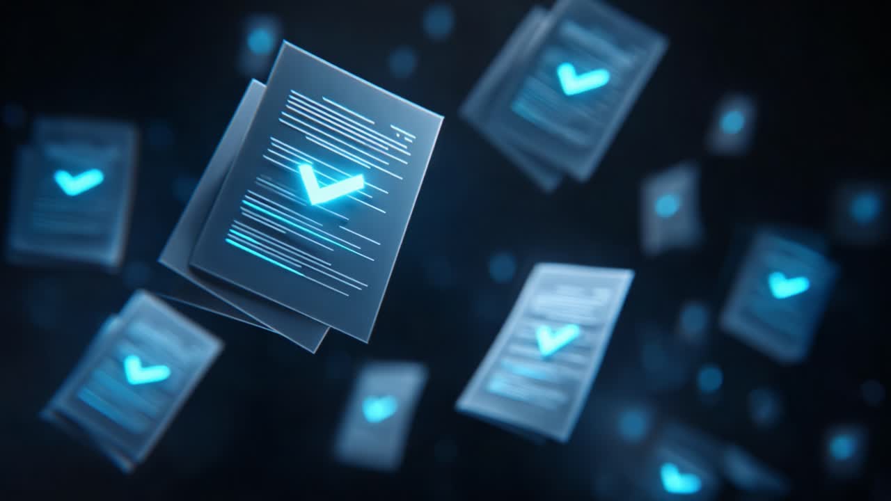Dynamic Visuals of Floating Verified Documents with Blue Check Marks in a Dark Background Showcasing Digital Assurance and Authenticity