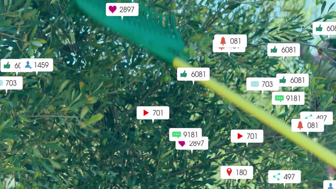 Garden rake cutting through green shrub, displaying floating social media icons for marketing