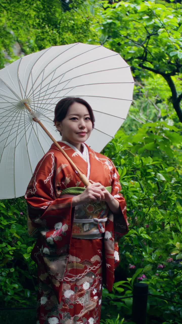 Woman in Kimono with Umbrella in a Garden