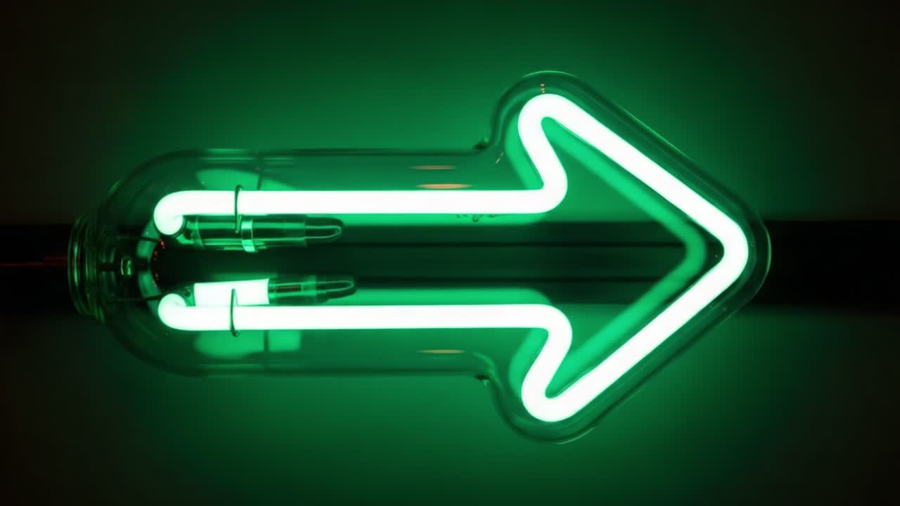 A Bright Neon Green Arrow Illuminating Directionality: The Perfect Symbol for Guidance and Movement, Focusing on Shape, Color, and Design Elements in Neon Lighting