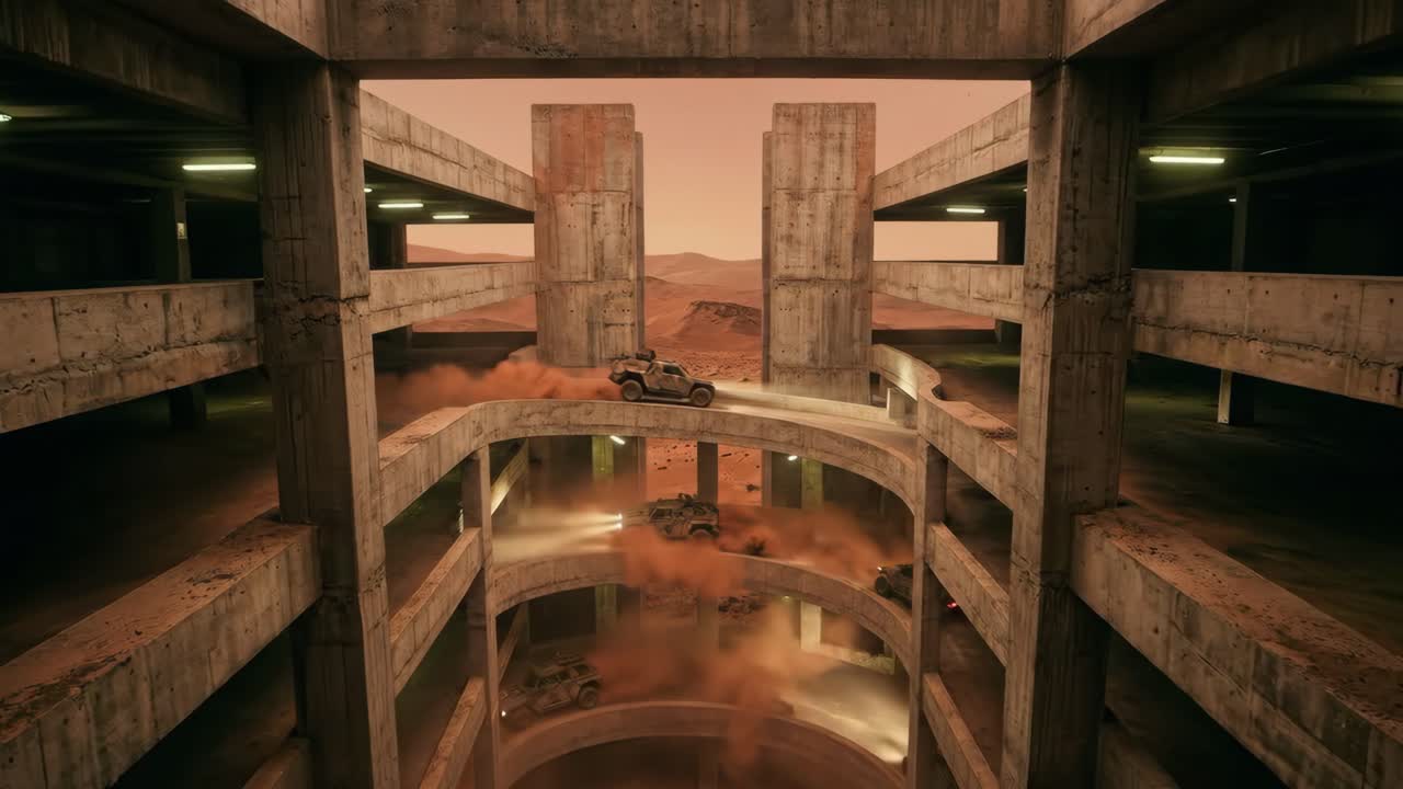 Vehículos militares futuristas conduciendo en una estructura de hormigón post-apocalíptica