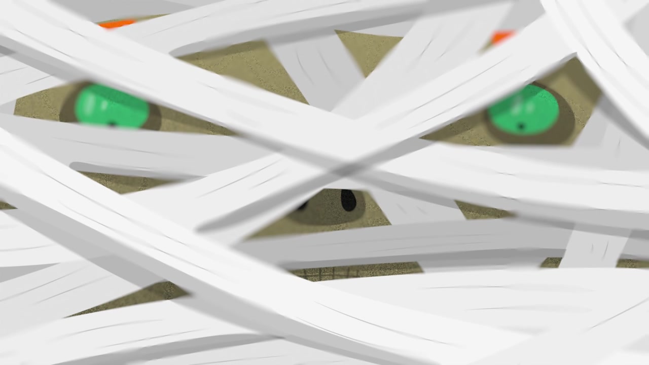 Animated Mummy Character with Green Eyes and Bandages