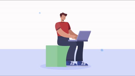 joven sentado usando animación de portátil