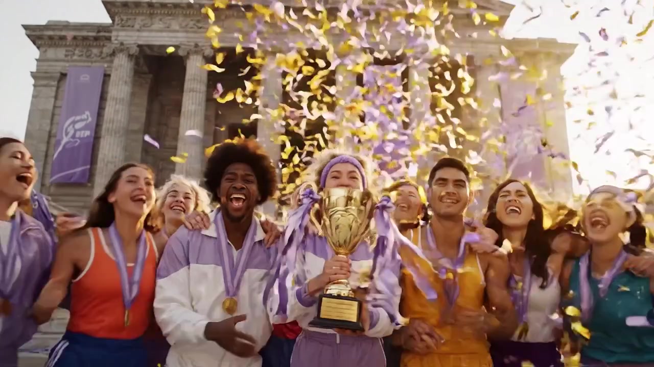 Celebrating Victory: A Group of Joyful Athletes Cheering with a Trophy Amidst Colorful Confetti at a Historic Venue with Statuesque Columns and Festive Decor
