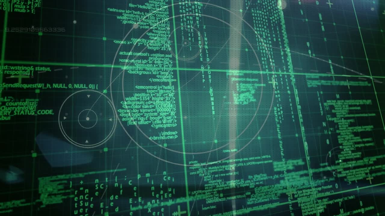 Animation of green shapes and data processing over grid