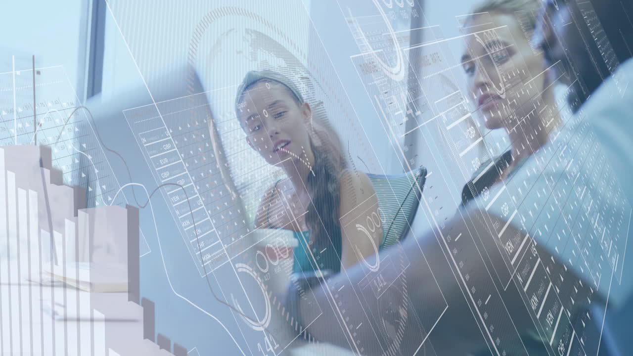 Team collaborating over laptop, presenting floating currency graphs and charts in finance meeting