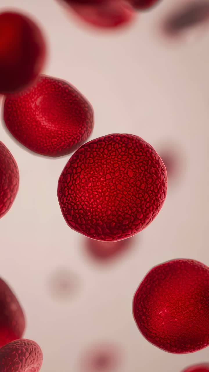 Vertical video: Drifting red blood cell disc rotating and shifting in blood vessel, with fluid flow