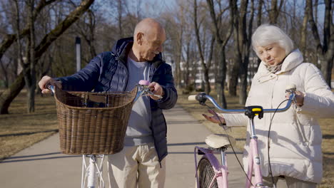 senior couple holding bikes while walking and talking in the park on a winter day