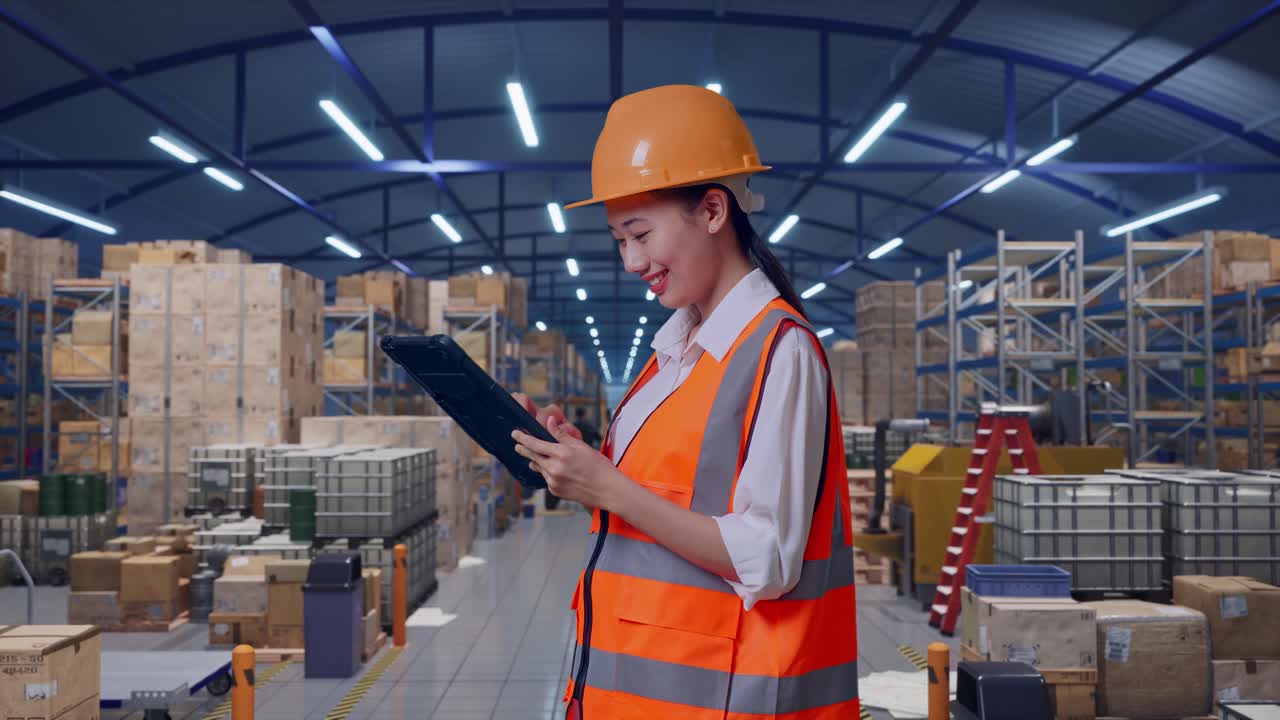Ingegnera asiatica con elmetto di sicurezza, vista laterale, lavora su un tablet, in piedi in un ampio magazzino con file di scaffalature.