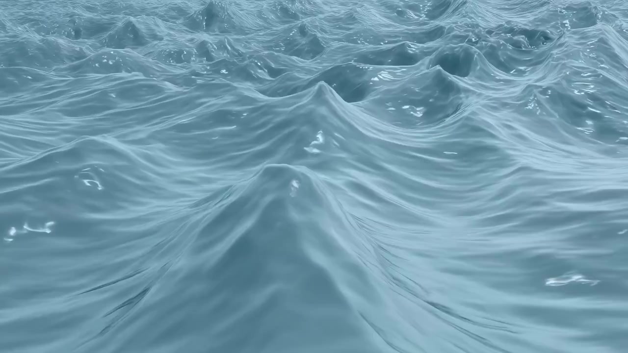 Forme fluide blu ondulate salgono e scendono attraverso l'inquadratura mentre morbidi riflessi si muovono su creste arrotondate, creando profondità stratificata, movimento delicato e una superficie luminosa e fresca