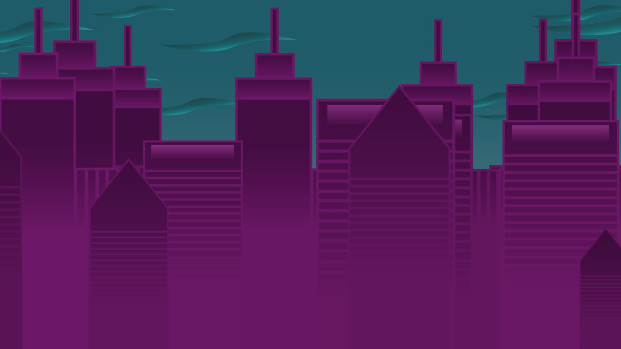 Cartoon animation background with motion clouds and buildings