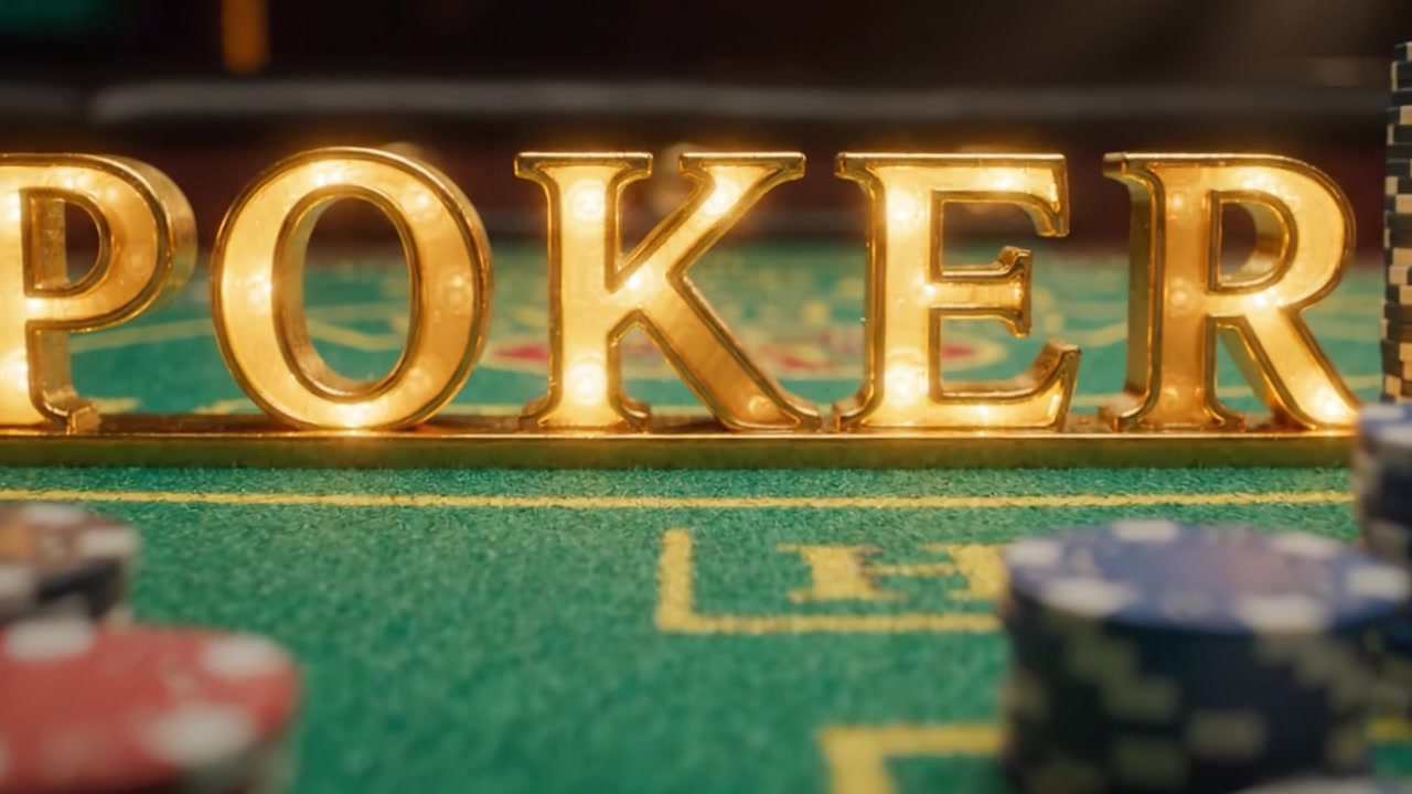 Una scena di poker accattivante con fiches colorate e un'insegna dorata scintillante, che cattura l'emozione dei giochi di carte e l'attesa al tavolo da poker.