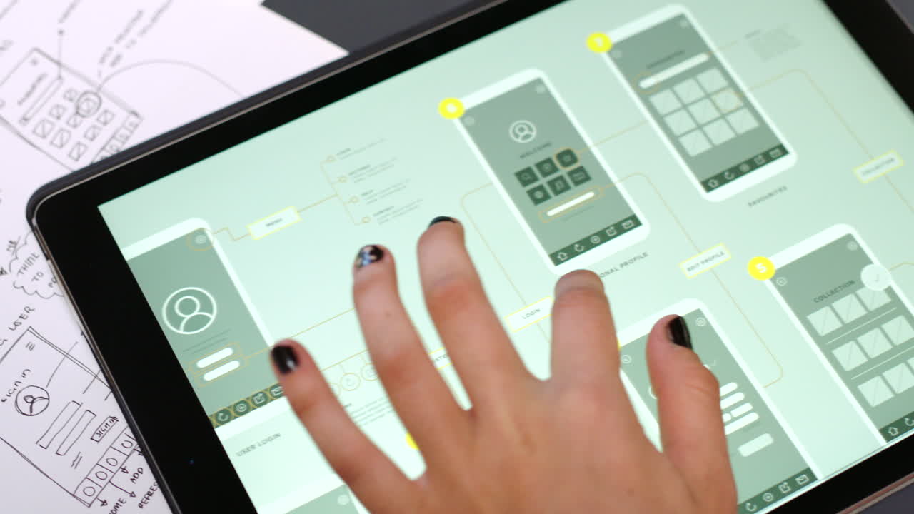 모바일 앱 디자인 프로토타입을 보여주는 태블릿