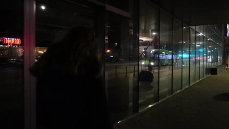 girl taking a walk in the city at night time slow motion, view from the back