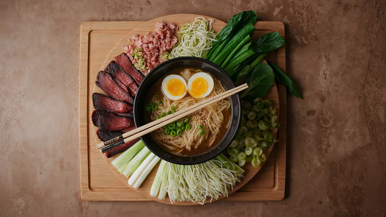 Ripresa dall'alto con camera che inquadra una ciotola di ramen con mezzo uovo, carne scottata su tagliere di legno per lo styling
