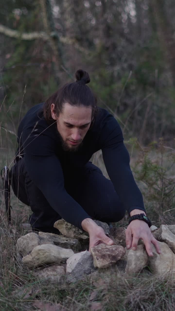 Man building a campfire in the forest