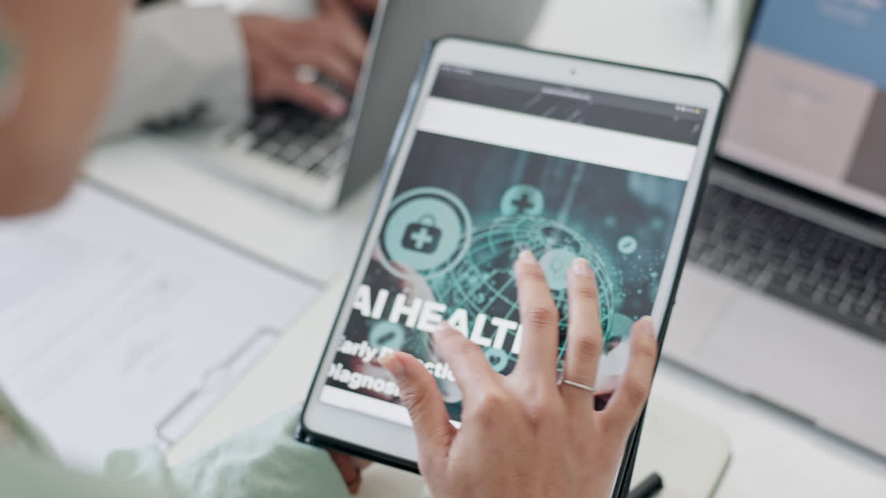 Ai website, hands on tablet screen to scroll