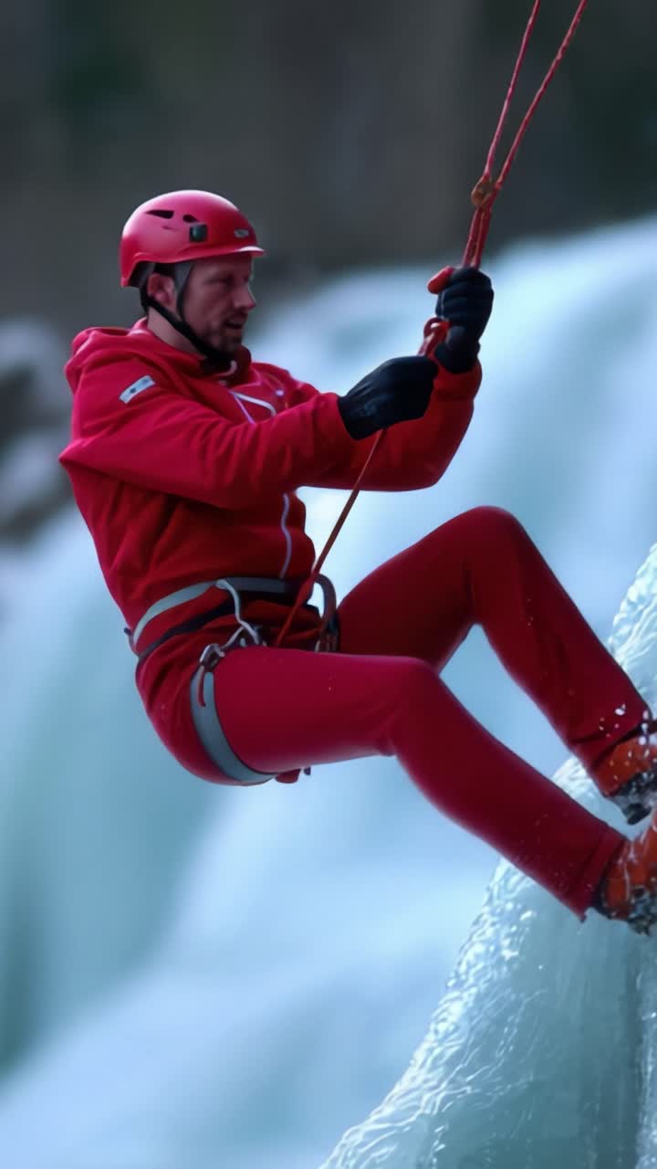 Un alpinista audace discende una parete ghiacciata, assicurato da un'imbracatura, mettendo in mostra atletismo e spirito d'avventura nell'alpinismo estremo, sullo sfondo di cascate e scogliere ghiacciate.