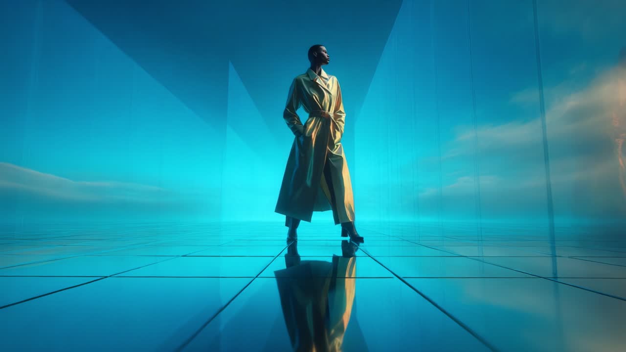 Uma figura impressionante usando uma chamativa capa dourada posa com confiança em um espaço futurista azul, iluminado por uma luz etérea, exibindo uma mistura cativante de moda e modernidade, com reflexos que realçam o ambiente.