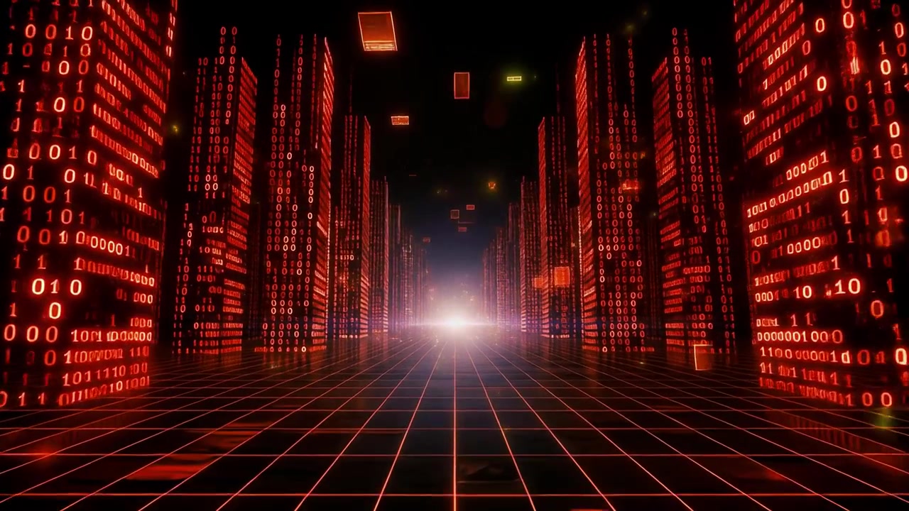 Futuristic Digital City with Binary Code Data Flowing Through Network