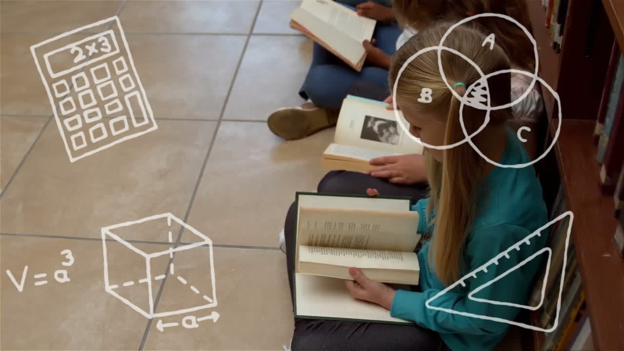 анимация икон школьных предметов над различными школьниками, читающими книги