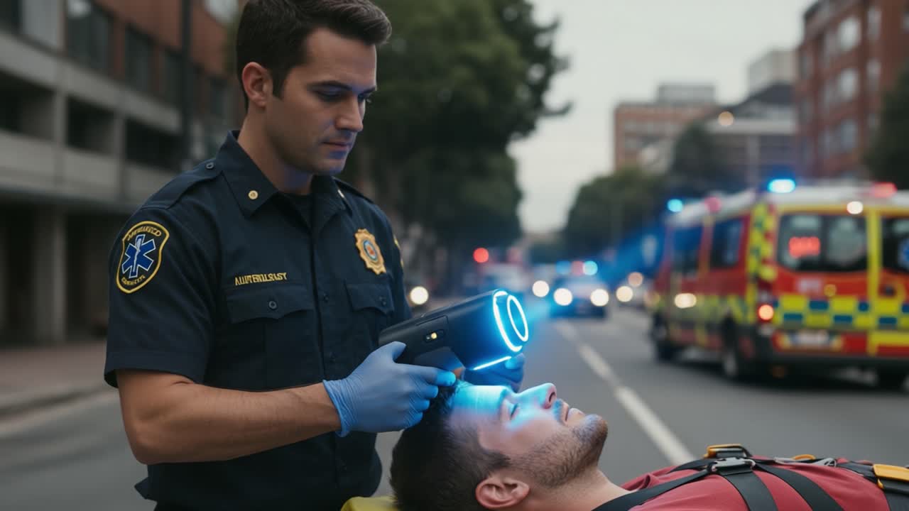 Emergency Responder Utilizing Advanced Medical Device on Patient in Urban Setting, Highlighting Critical Care and Life-Saving Techniques Amidst Traffic Scene