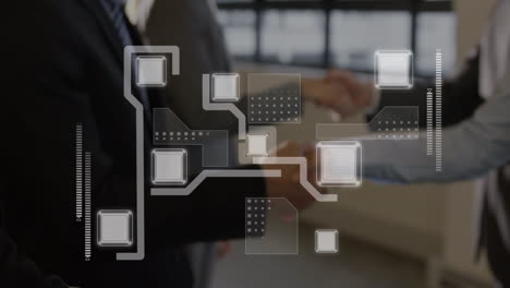 animation of network of connections over businessman handshake