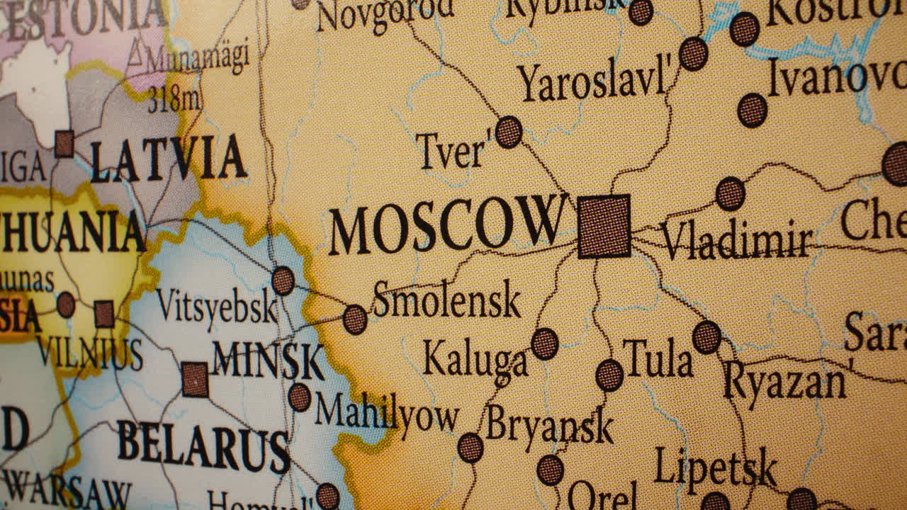 Close-up View of a Map Centered on Moscow and Western Russia