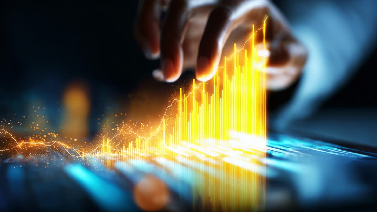 A close-up of a hand interacting with a digital interface, showcasing vibrant growth charts and glowing data points that symbolize analytics, technology, and progress