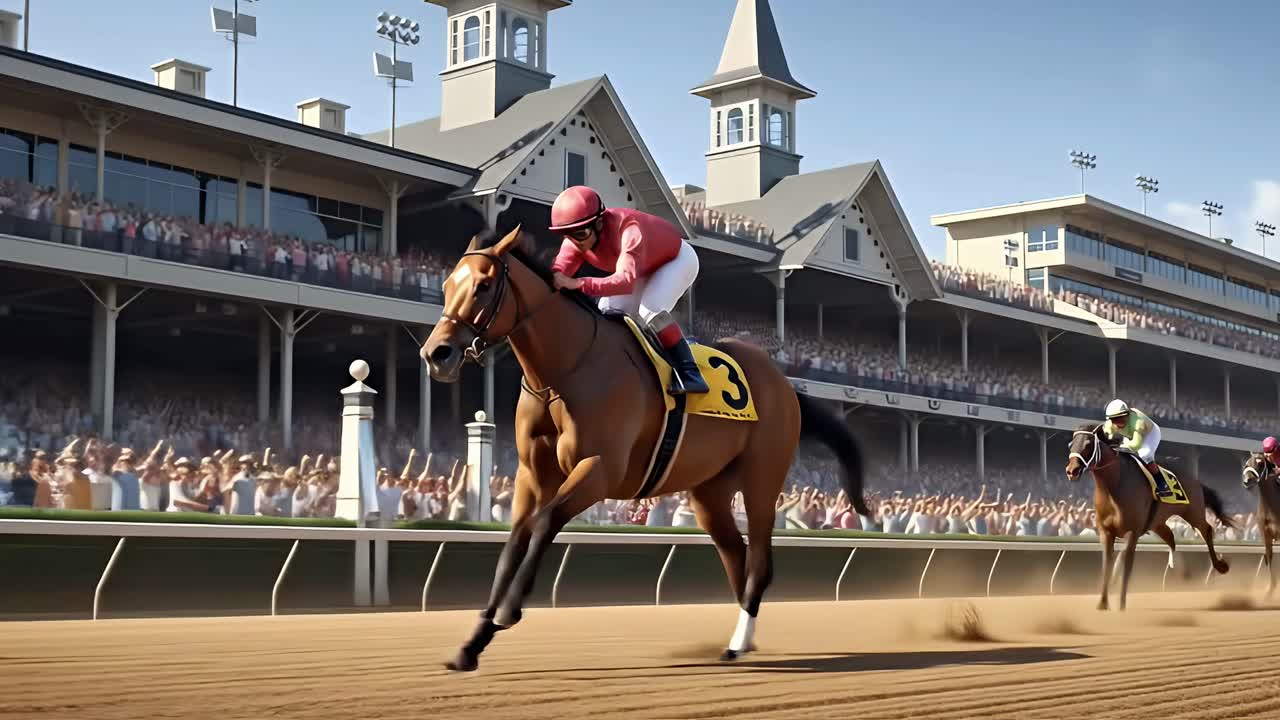 Jockey and Horse Racing Towards the Finish Line at a Grandstand