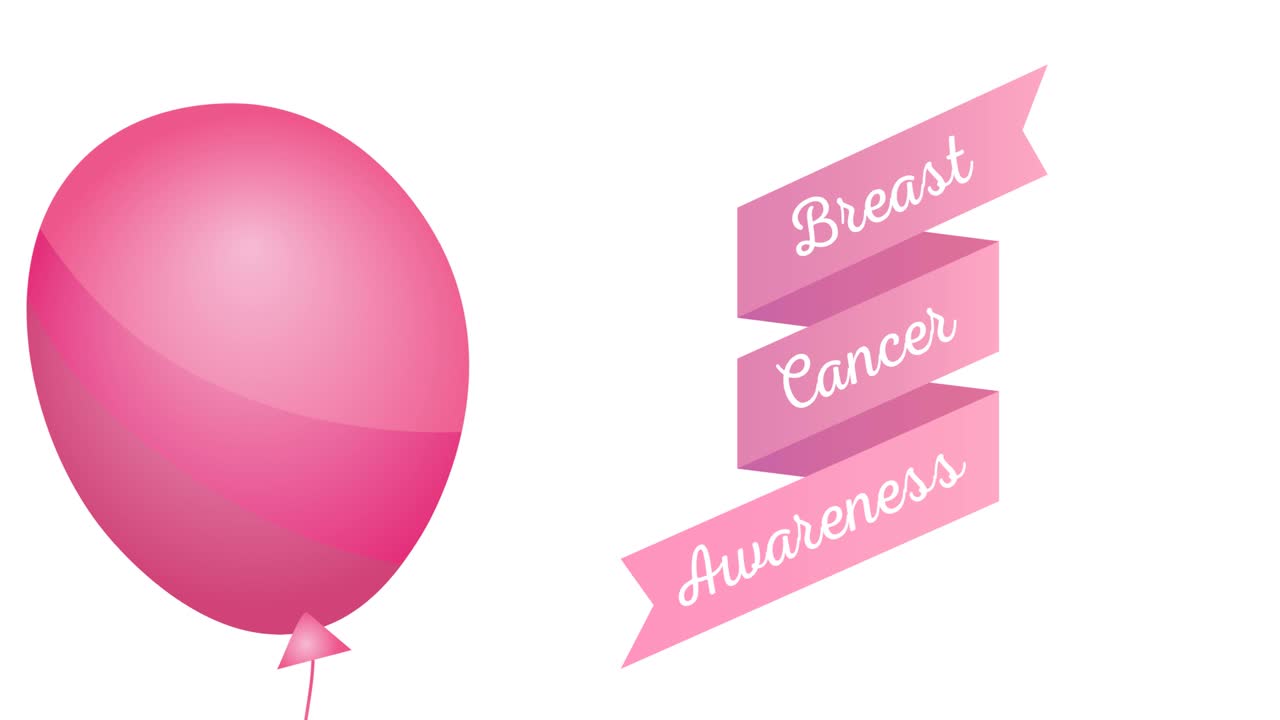 animación de un globo rosa volando sobre el texto del cáncer de mama