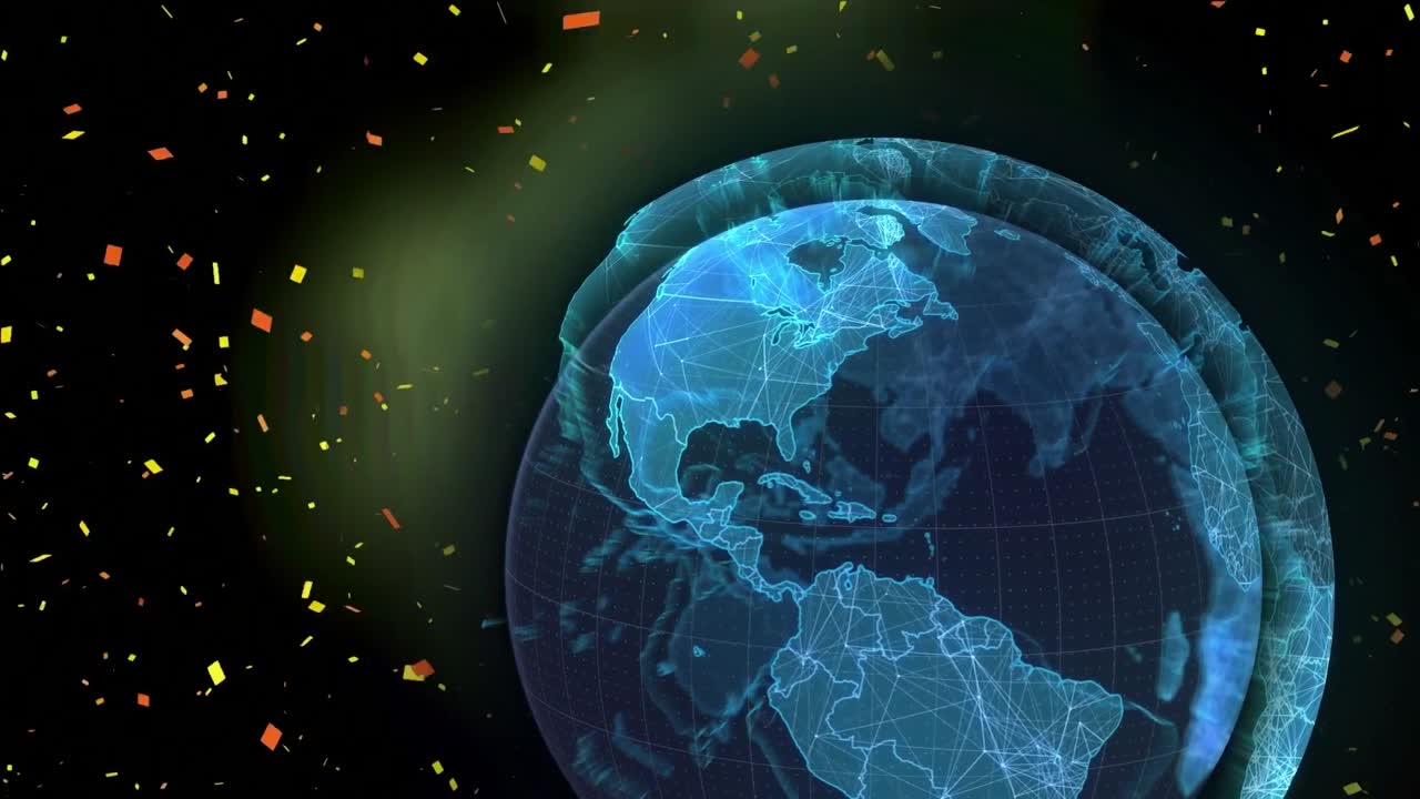 검은색 배경 위에 콘페티가 있는 지구의 애니메이션