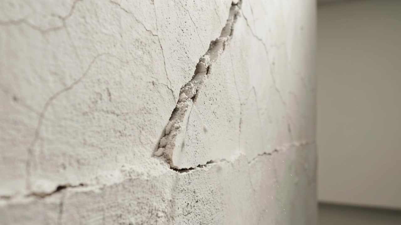 Pulling camera closer, showing damaged plaster shedding chips and dust in hall with diagonal crack