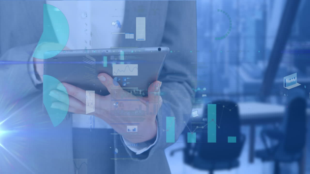 태블릿을 사용하는 사업가에 대한 데이터 처리 애니메이션