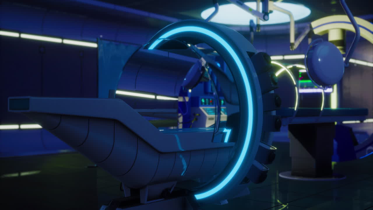 Futuristic mri machine illuminating a high tech medical room