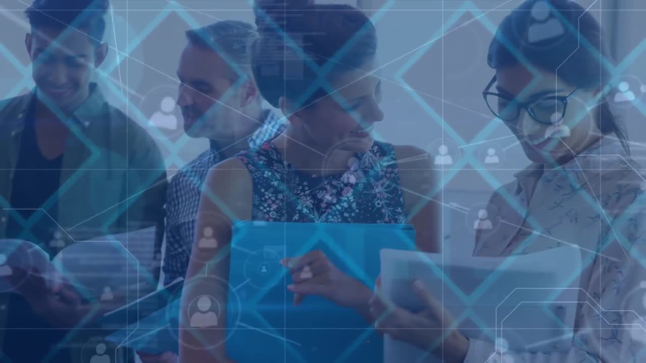 Animation of data processing over diverse business people talking at meeting