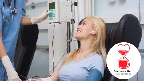 Animation-of-blood-donation-day-text-with-hourglass-logo,-over-smiling-female-nurse-and-donor