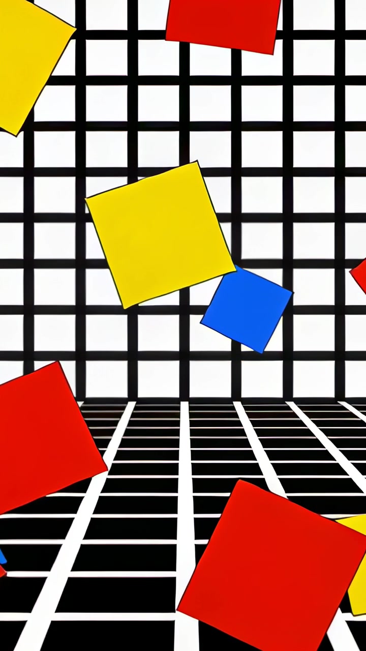 Vertical video: Frame1 starting yellow square rotating red blue tiles moving on grid, for depth