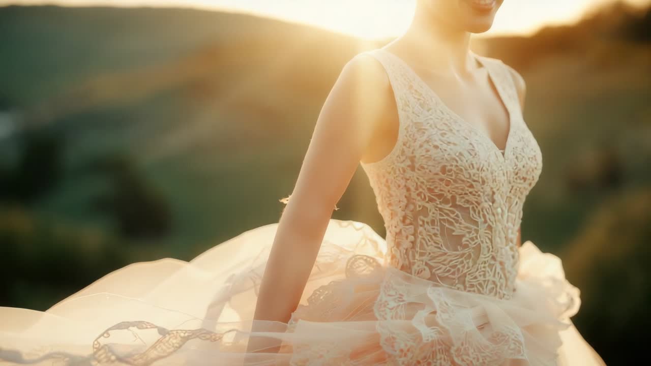 Turning model posing wearing ornate bodice spinning tulle skirt at sunlit hillside, catching flare