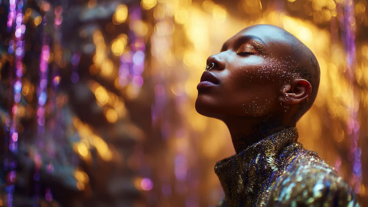 A stunning portrait capturing a serene moment filled with vibrant, shimmering colors, showcasing the beauty and grace of an individual against a dazzling, sparkling backdrop