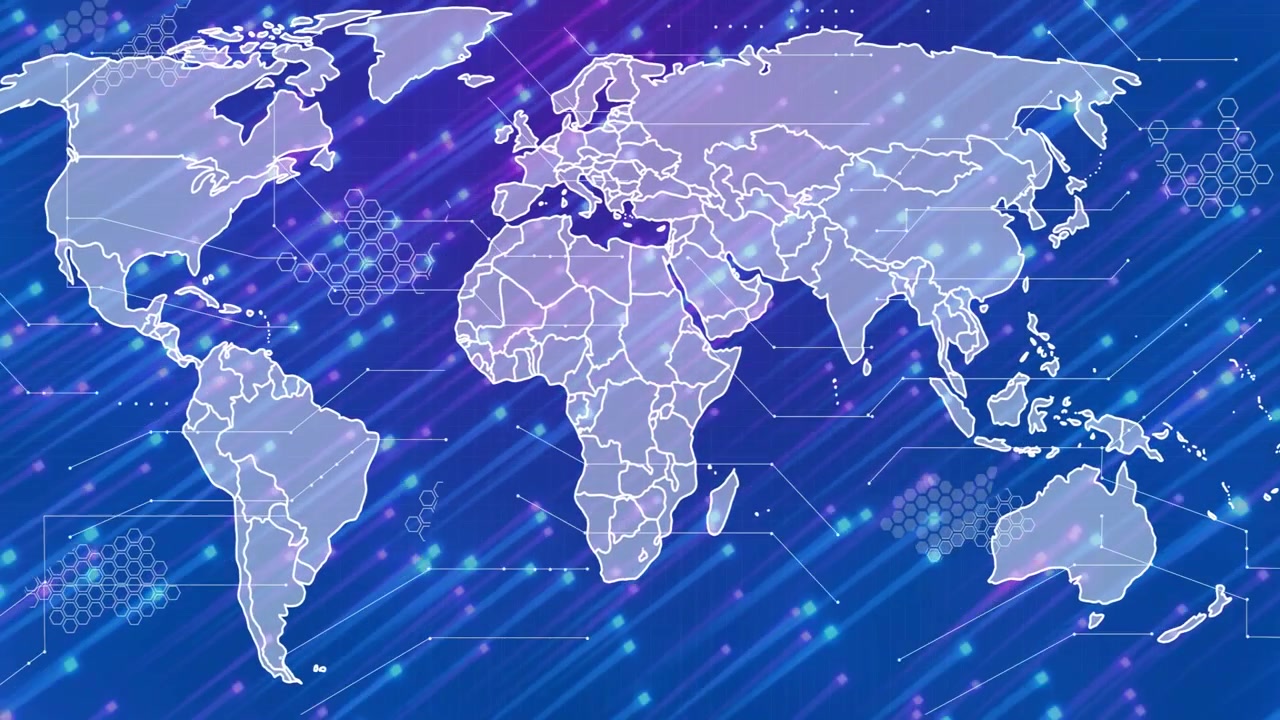 3D world map evolving into detailed borders as particle sweep moving, visualizing global data
