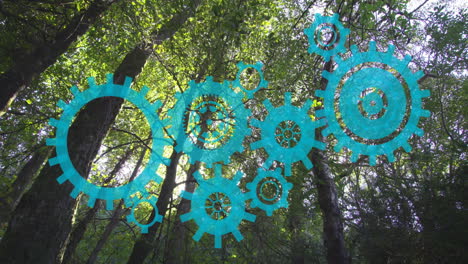 animando engranajes azules sobre los árboles del bosque con la luz del sol filtrando a través