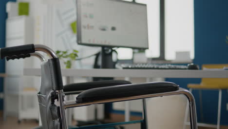 interior of cozy light company room with wheelchair parked near desk