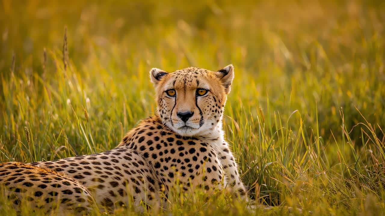 Lying cheetah raising head, scanning savanna in tall grasses holding gaze blinking at golden hour